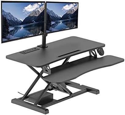 Rocelco 37.4" Electric Standing Desk Converter with Anti-Fatigue Floor Mat - AC USB Charger - Motorized Adjustable Sit Stand Up Computer Workstation Riser - Large Keyboard Tray - Black (R EDRB-MAFM)