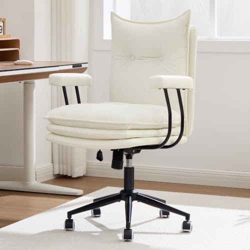 Leather Office Chair,Detachable Armrests,360°Swivel Mid Century Modern