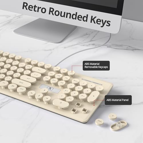 surmen Cute Quiet Keyboard Wired Retro Typewriter, Full Size Soft Keyboards with Number Pad, Round Keys, Backlit USB for Office, Desktop, Laptop (Beige)