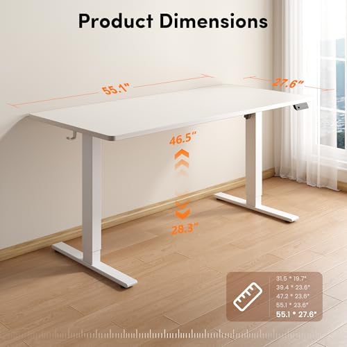 FEZIBO One-Piece Standing Desk, 55"x28" Seamless Tabletop Electric Height Adjustable for Home Office, Study Rooms & Multi-Device Workstations, White