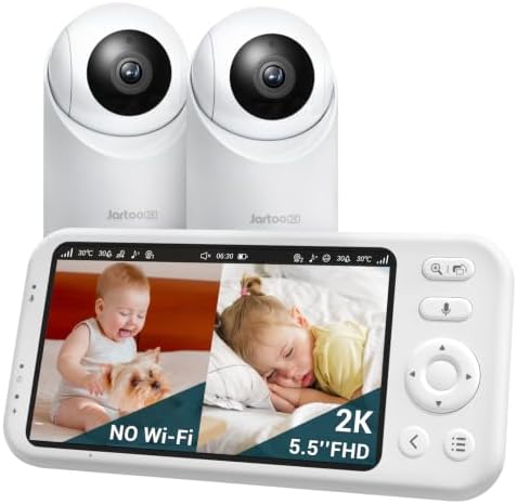 Jartoo 5.5'' Video Baby Monitor with 2K 2 Cameras and Audio, 1860ft Long Range, AI-Powered Detection, No WiFi Baby Camera, Clear Night Vision, 2-Way Audio, White Noise, ANC