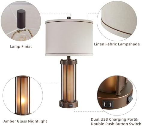 Set of 2 Farmhouse Table Lamps for Living Room with 2 USB Charging Ports