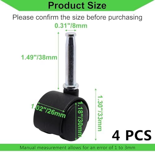 1 Inch Stem Swivel Casters Set of 4, M8 Grip Neck Stem Swivel Caster Wheels, 360° Rotation Heavy Duty Replacement Castors for Furniture Table Drawer Cabinet Plant Shelf Chair Wheels (Black)