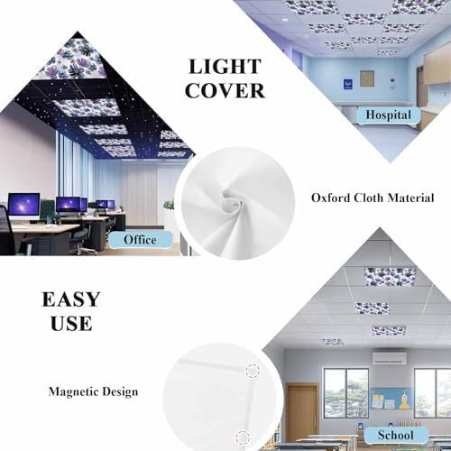 Ombre Purple Flower Magnetic Fluorescent Light Covers for Ceiling Lights 2 x 4 Feet,Watercolor Blue Green Country Floral Office Classroom Kitchen Drop Ceiling Light Covers Filters Shade Panel 3 Packs