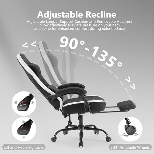 NEWBULIG Gaming Desk Chair - High Back Computer Office Chair with Footrest and Headrest, Comfy Ergonomic Lumbar Support with Linkage Armrests, Height Adjustable and 360° Swivel Wheels, Black