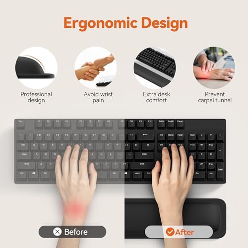 TECKNET Wrist Rest for Computer Keyboard, Thicken Memory Foam Wrist Support Pad for Keyboard, Ergonomic Palm Rest for Pain Relief, Anti-Slip Rubber Base, 17x3.3 in, 1 inch (25mm), Black