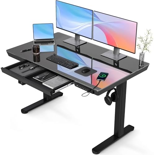 Claiks Glass Standing Desk with Drawers & USB Ports 48x24 Inch, Black