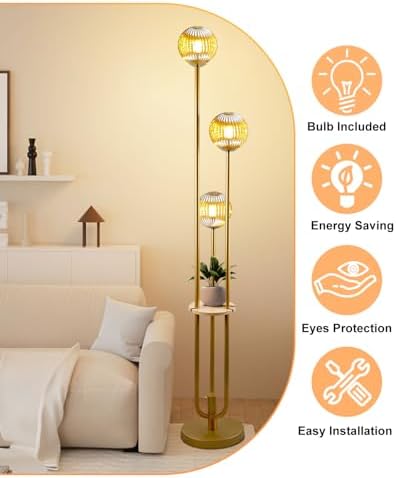 Globe Glass Floor Lamp with Table, Gold Tall Standing Lamps Dimmable, 3000K Warmwhite Mid Century Modern Floor Lamp with 5Lbs Heavy Base for Living Room/Bedroom