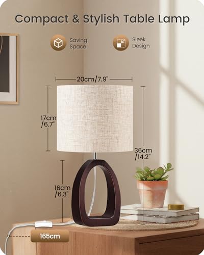 Small Table Lamp, 14.2" Cute Little Desk Lamp, Wood Bedside Lamp with Beige Linen Lampshade & Dark Walnut Base, Modern Nightstand Lamp for Bedroom, E26 Base, Bulb Not Included, STE07TL05