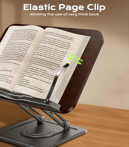 LOXP Book Stand for Reading, 360° Rotating Holder with Page Clip, Ergonomic