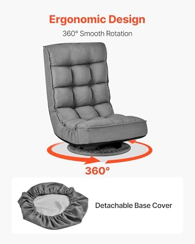 VEVOR Swivel Floor Gaming Chair, 360-Degree Rotating Floor Chair with 4 Adjustable Position Folding Backrest, Metal Frame with Recycled Foam and Linen Fabric, for Watching TV, Reading, Relaxing, Gray