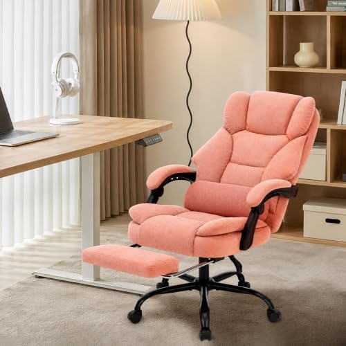 600LBS Executive Office Chair with FootRest for Heavy People High Back Ergonomic Gaming Chair with Lumbar Support Reclining Home Office Desk Chair with Pocket Spring Cushion Fabric (Pink)