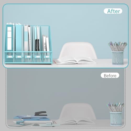 SUPEASY Desk Organizers Metal Desk Magazine File Holder with 5 Vertical Compartments Rack File Organizer for Office Desktop, Classroom, Home Workspace, Blue Plus
