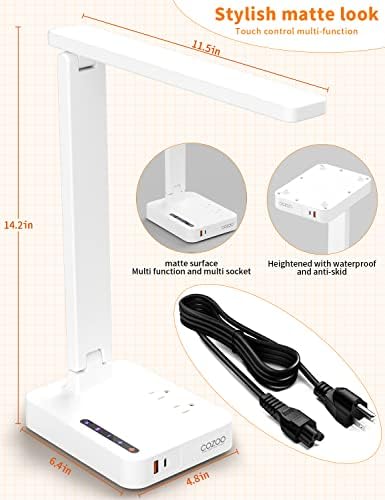 LED Desk Lamp with USB Charging Port for Dorm Office, 800lm, CRI 92, White