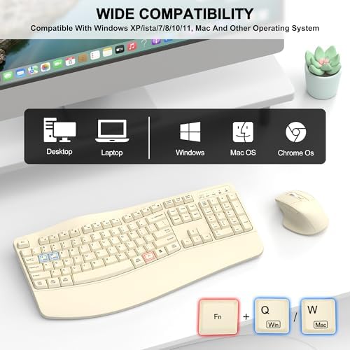 Wireless Keyboard and Mouse Combo, 2.4G Ergonomic Wave Keys (Latte)