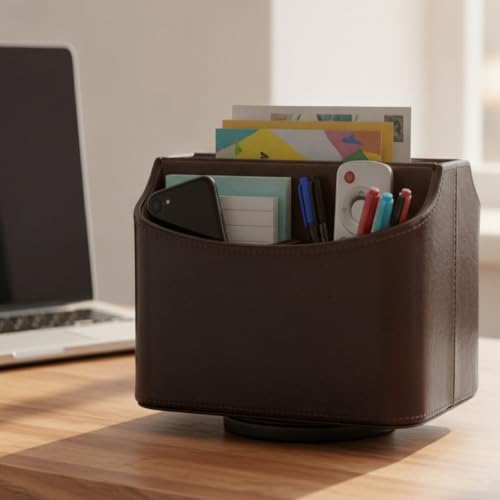 UnionBasic Rotating Desk Organizer, 360 Desk Spinning Caddy, Desktop TV Guide/Mail/Media/Remote Controller Holder Organizer, Brown - Printed Oil Leather