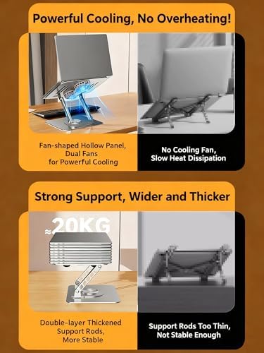 Laptop Stand for Desk with Quiet Cooling Fans - 360 Rotating Base Ergonomic Computer Stand, Aluminum Laptop Riser Foldable Protable for Office Home fits MacBook Air Pro, Dell, HP (10-17.3'') (silver)