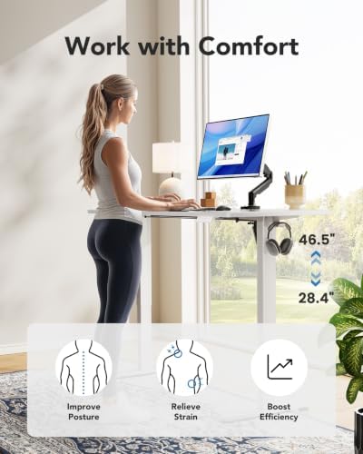 HUANUO Electric Standing Desk, Whole Piece Desktop, Adjustable Height Computer Desk, 4 Height Memory Settings, Sit Stand Up Desk for Home Office, 55" x 27", White