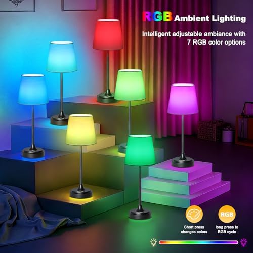 Wowag Cordless Table Lamp Rechargeable,5000mAh Battery Operated Desk Lamp,3 Colors & 7 RGB Stepless Dimmable,Touch Control Ambient Light for Bedside,Bedroom,Dining Room,Living Room,Black,WhiteShade