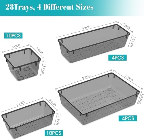 28 PCS Plastic Drawer Organizers Set, 4 Size Desk Drawer Organizer Trays