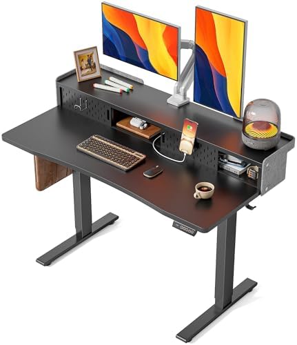 FEZIBO 48 X 24 Inch Standing Desk with Storage, Adjustable Height Sit Stand Desk with Sliding Pegboard Organizer, Felt Wall Bumper, Monitor Arm Compatible for Home Office Workstation, Black