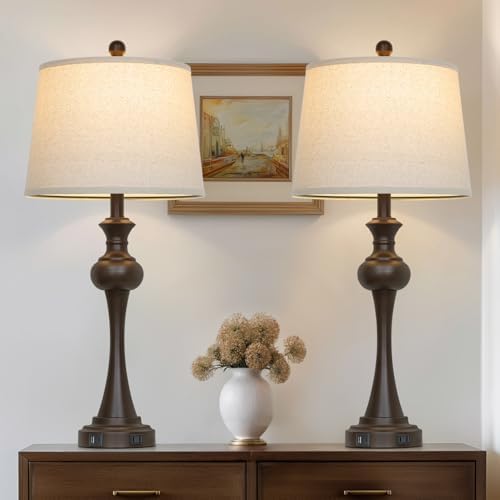 Touch Table Lamps Set of 2, 28.75" Tall Bedside Lamps with USB C+A Ports, 3-Way Dimmable Table Lamp, Nightstand lamps for Bedroom, Living Room, Office, Brown Lamps with Beige Lampshade, Bulbs Included