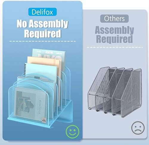 Delifox Inclined Desk File Organizer,Vertical File Folder Holder Stand Metal Rack File Sorter for Office Classroom Desktop Organization (2, Blue, 5)