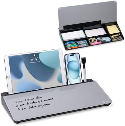 Varhomax Glass Desk Whiteboard with Storage, Desktop Organizer