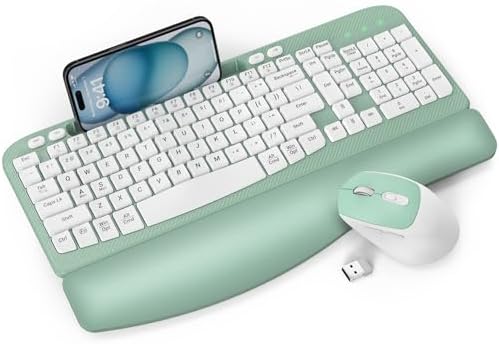 Wireless Keyboard and Mouse Combo, Full-Sized Ergonomic Wave Keys Keyboard with Memory Foam Wrist Rest & Phone Holder, 2.4G Quiet Keyboard Mouse Work Setup for PC Laptop, Office or Home (Mint Green)