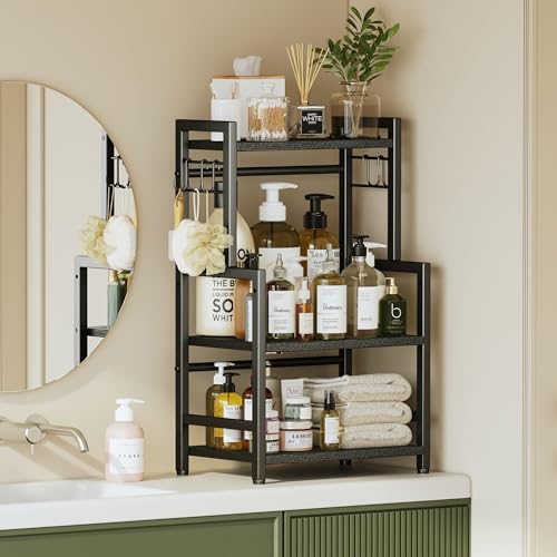 Kitchen Countertop Organizer, 3 Tier Large Spice Rack Organizer with Adjustable Shelf and 5 Hooks, Wooden Counter Organizer, Space Saving Countertop Shelf Microwave Stand for Kitchen,Coffee Bar,Black