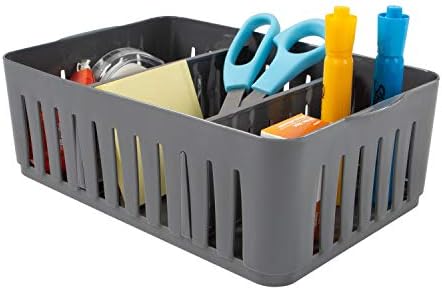 Simplify 3 Compartment Stackable Bin with Adjustable Dividers | Drawer Organizer | Storage Basket | Good for Office | Desk Supplies | Dorm | Bathroom | Accessories | Make Up | Grey (Pack of 12)