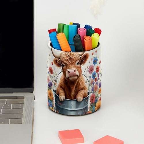 Highland Cow Floral Pen Holder Pencil Organizer Cute Pencil Cup Desk Decor Makeup Brush Holder PU Multifunctional Office Supplies for Home Classroom School