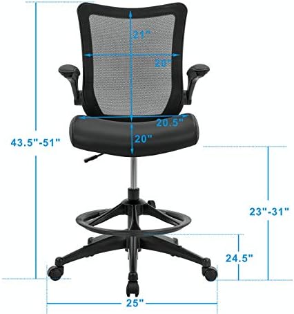 OfficeFactor Drafting Chair Tall Office Chair, 300 lb Capacity Standing Desk Chair, Adjustable & Ergonomic Desk Chair, Flip-Up Armrests, Mesh Back, Comfortable Leather (Black)