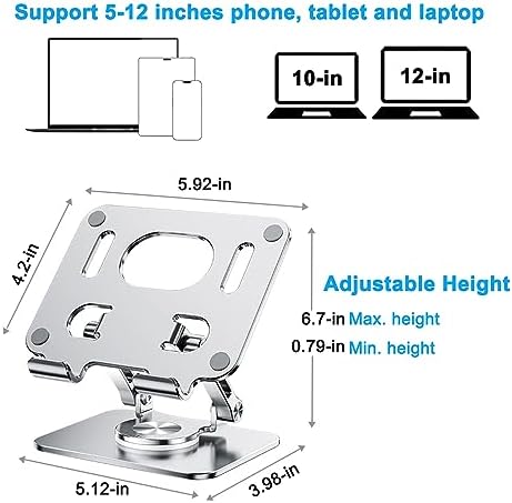 DCHAV Foldable Adjustable Drawing Tablet Stand for Desk iPad Holder Laptop Computer Riser 360 Rotating Ergonomic Aluminum Raised Table for Portable Monitor Phone 5-12 Inch Notebook, Silver