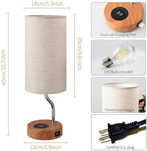 Smart Bedside Table Lamp Set of 2 with Wireless Charger & USB Port - Touch Control LED Desk Lamp for Bedroom, Dimmable Wooden Nightstand Lamp with Fabric Shade for Living Room, Kid's Room,(Cream)