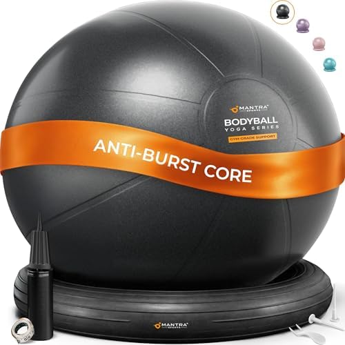 Yoga Ball Chair for Office Desk with Base - Ergonomic Balance & Stability Exercise Ball Seat for Adults - Active Sitting for Posture, Core & Back Pain Relief, Home Gym, Therapy, Pump