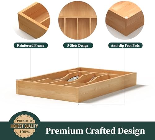 Silverware Organizer, Bamboo Kitchen Drawer Organizer, Utensil Holder, Cutlery Tray & Spoon Flatware Storage with Grooved Drawer Dividers (8.5''W x 13''D)