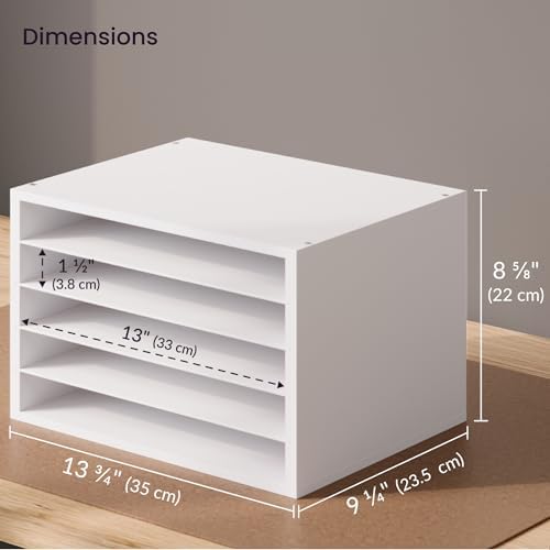Ballucci 5 Tier Paper Organizer Letter Tray, Wood Desk File Organizer with Adjustable Shelves, Home Office School Letter/A4 Mail Sorter Magazine Holder - White