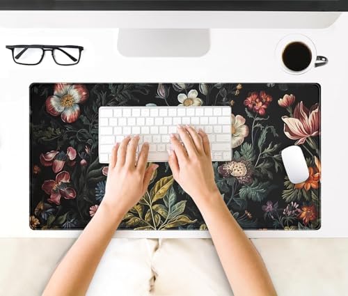 Floral Desk Mat Dark Academia Vintage Aesthetic Desk Pad Flower Plant Large Gaming Mousepad Black Extended Mouse Pad XXL Laptop Computer Mouse Keyboard Mat 31.5 x 15.7 Office Desk Decor