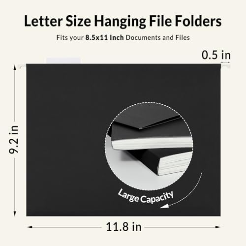 SUNEE 25 Pack Hanging File Folders, Black Folders, Hanging File Folders Letter Size with 1/5-cut Tabs, Stay Organized for Your Home and Office Bulk File and Documents