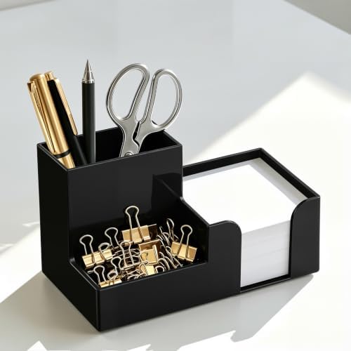 HBlife Acrylic Pen Holder for Desk, 3-Compartment Small Desk Organizer, Black Office Supplies Desk Accessories with Sticky Notes Holder Stores Post It Notes 3X3 for Office, Home and School
