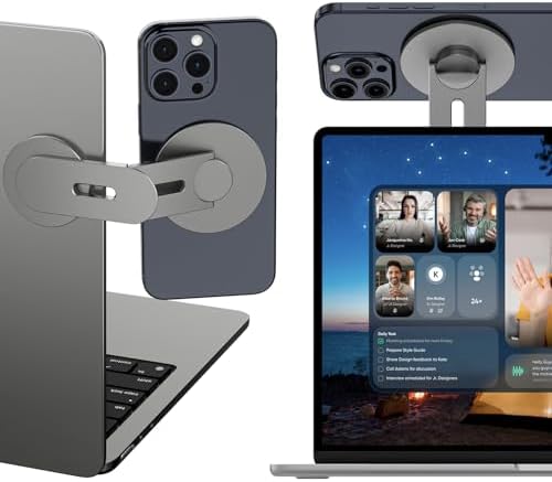 Magnetic Phone Holder for Laptop, 360° Adjustable MacBook Monitor Side Mount for iPhone 17 Pro Max/16/15/14/13/12 MagSafe for Tesla, Portable Foldable Cell Phone Holder Accessory, Gray