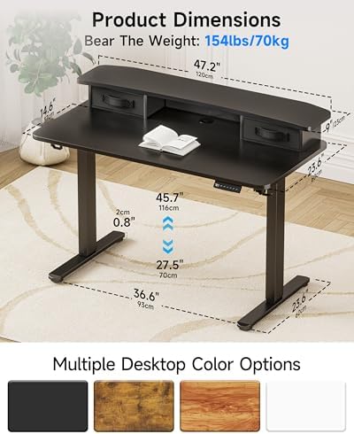 BIZUM Standing Desk with 2 Drawers Computer Desk-Stand up Desk Home Office Gaming Memory Desks C-Clamp Mount Compatible, 48x24 Inch Black