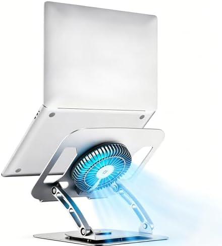 Adjustable Laptop Cooling Stand, 3-Speed Fan with RGB, 360° Rotating Base, Carbon Steel Foldable Laptop Riser, Ergonomic Height & Angle Adjustable Cooling Pad for Laptops & Tablets Up to 16” (Silver)