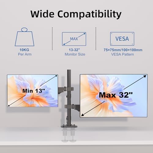 Suptek Dual Monitor Mount Stand-Height Adjustable Gas Spring Monitor Arm Desk Mount for 2 Computer Screens 17 to 34 inches - Each Arm Holds up to 24.25lbs (MD8822)