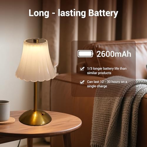 Cordless Table Lamps for Home,Table,Dining Room, Gold Rechargeable Lamps, USB Charge 12'' Tall LED Brass Portable Outdoor Indoor Table Lamp with Built-in Dimmer (Milky)