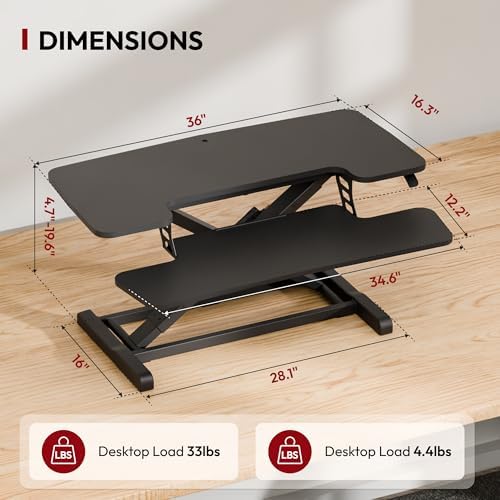 SANODESK 36" Standing Desk Converter, Adjustable Sit to Stand Desk Riser with Effortless Lifting for Home Office, Desk Topper for Dual Monitors, Computer Lift with Keyboard Tray, Black