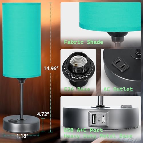Table Lamp with USB Port - Teal Desk Lamp, Green Touch Lamp, Bedside Lamps, 3 Way Dimmable Small Lamps for Bedroom, Nightstand, Nursery, Dorm, Home, Office, Black Base+ Green Lampshade