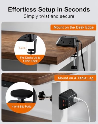 Desk Clamp Power Strip, 6 AC, 2 USB-C & 2 USB-A, 1440J, 6FT Cord