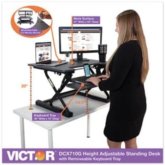 Victor High Rise 31-Inch Desk Converter, Height Adjustable Sit to Stand Riser, Dual Monitor and Laptop Workstation with Keyboard Tray, Gray